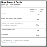 Ingredients: Protein (from colostral whey peptides), Colostral whey peptides, Immunoglubulin G, L-Glutamine.