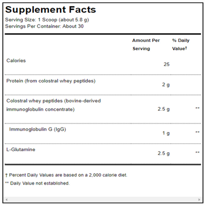 Ingredients: Protein (from colostral whey peptides), Colostral whey peptides, Immunoglubulin G, L-Glutamine.