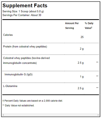Supplement facts for GI Protect™ Peach Sugar- & Stevia-Free (Discontinued) listing ingredients including  Alpha-casozepine, Bone broth, Bovine Collagen Peptides, Glutamine (L-Glutamine), Hemp Extract
