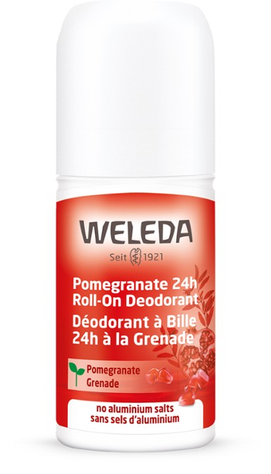 A supplement container of Pomegranate 24h Roll-On Deodorant by Weleda