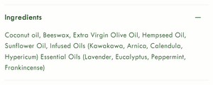 Supplement facts for Muscle & Joint Care listing ingredients including Arnica montana, Beeswax, Calendula Extract, Coconut Oil, Eucalyptus Oil