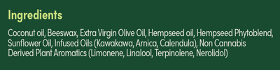 Supplement facts for Angry Skin Recovery Balm listing ingredients including Arnica montana, Beeswax, Calendula Extract, Coconut Oil, Hemp Extract