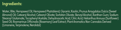 Supplement facts for Hemp Face Mask listing ingredients including Althaea officinalis, Cetearyl Olivate, Citric Acid, D-alpha tocopherol succinate, Dl Alpha Tocopherol Acetate