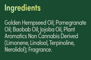 Supplement facts for Hemp Face Serum listing ingredients including Jojoba (Simmondsia Chinensis), Limonene, Linalool, Pomegranate Extract (Punica granatum)