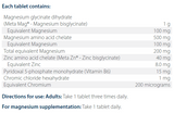 Ingredients including Magnesium glycinate dihydrate, Magnesium bisglycinate, Magnesium amino acid chelate, Zinc amino acid, Meta Zn, Meta Zinc, Zinc bisglycinate, Pyridoxal 5-phosphate monohydrate, vitamin b6, p5p, Chromic choride, hexahydrate, Chromium.