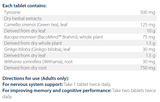 Text listing the ingredients including Camellia sinesis, Green Tea, Bacopa Monnieri, Bacomind, Brahmi, Ginkgo Biloba, Withania somnifera