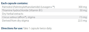 Text listing the ingredients including Palmidrol, Pamlitoylethanolamide, Levagen, Thiamine hydrochloride, Vitamin b1, Crocus sativus, Affron, Stigma. 