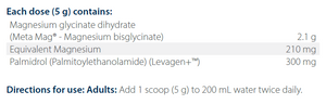 Text listing the ingredients including Magnesium glycinate dihydrate, Meta mag, Magnesium bisglycinate, Palmidrol, Palmitoylethanolamide, levagen.