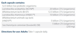 Text listing the ingredients including Lactobacillus acidophilus, NCFM, Bifidobacterium lactis, Bi-07, Lactobacillus rhamnosus, HN001, Bifidobacterium animalis ssp lactis, HN019, Saccharomyces cerevisiae , Boulardii, sb.
