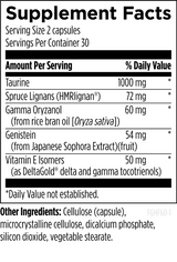 Text listing the ingredients including Taurine, Spruce Lignans, HMRlignan, Gamma Oryzanol, Oryza sativa, Genistein, Sophora, Vitamin e isomers, Deltagold, Gamma tocotrienols