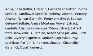 Supplement facts for Stretch Mark Body Butter listing ingredients including Acacia, Arnica montana, Betaine HCI, Caprylic acid, Centella Asiatica Gotu Kola