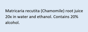 Supplement facts for Baby Teething Drops listing ingredients including Chamomile, Matricaria Recutita, Matricaria chamomilla