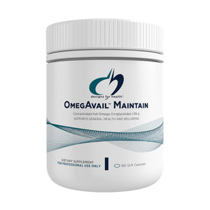 A supplement container of OmegAvail Maintain 180 caps by Designs for Health