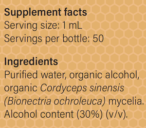 Supplement facts for Cordyceps-MRL-X listing ingredients including Cordyceps sinensis