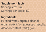 Supplement facts for Hericium-MRL-X listing ingredients including Hericium, Lion's Mane