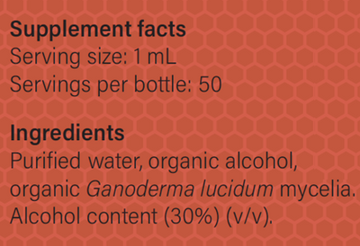 Supplement facts for Reishi-MRL-X listing ingredients including Ganoderma Lucidum, Reishi, Reishi (Ganoderma lucidum)