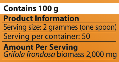Supplement facts for Maitake-MRL ™ 100g listing ingredients including Grifola frondosa