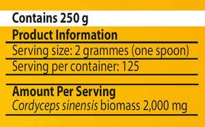 Supplement facts for Cordyceps-MRL ™ 250g listing ingredients including Cordyceps, Cordyceps sinensis