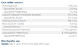 Ingredients including Hydroxyapatite, Calicum, Phosphorous, Calcium hydrogen phosphate dihydrate, Borax, Sodium borate, Boron, Phytomenadione, Vitamin k1, Colecalciferol, Vitamin D3.