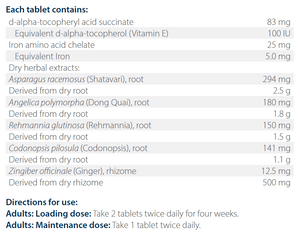Text listing the ingredients including D-alpha-tocopheryl acid succinate, Vitamin E, Iron Chelate, Asparagus racemosus, Shatavari, Angelica polymorpha, Dong Quai, Rehmannia glutinosa, Codonopsis pilosula, Zingiber officinale, Ginger.