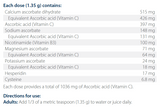 Text listing the ingredients including Calcium ascorbate dihydrate, Vitamin C, Ascorbic acid, Nicotinamide asorbate, Sodium ascorbate, Magnesium ascorbate monhydrate, Potassium ascorbate, Hesperidin, Cysteine hydrochloride monohydrate