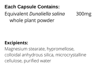 Supplement facts for Algotene II listing ingredients including Dunaliella Salina