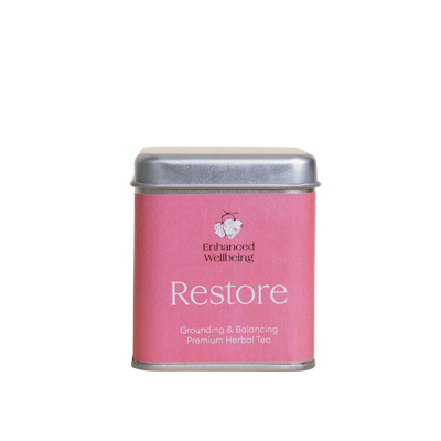A supplement container of Restore Premium Herbal Tea by Enhanced Wellbeing