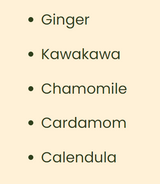 Supplement facts for Relief Premium Herbal Tea listing ingredients including Black Cardamom, Calendula Extract, Chamomile, Ginger, Kawakawa Leaf Powder