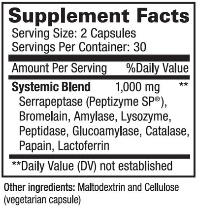 Supplement facts for ImmunoSEB listing ingredients including Amylase, Ananas comosus, Bromelain, Catalase, Glucoamylase