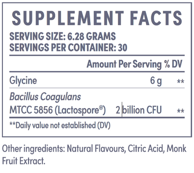 Supplement facts for Gut Drink Probiotics listing ingredients including Bacillus Coagulans, Bacillus coagulans MTCC 5856, Citric Acid, Glycine, Monk Fruit Extract