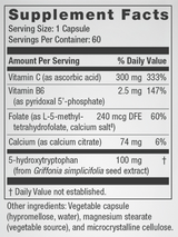 Supplement facts for Serene listing ingredients including 5-HTP, Ascorbic Acid, Calcium citrate, Folate, L5MTHFR