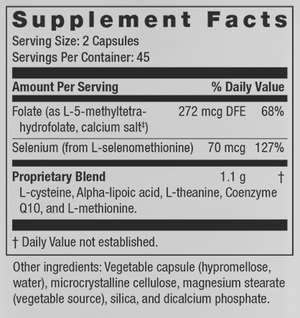 Supplement facts for Calm G listing ingredients including Alpha Lipoic Acid, Calcium, Co-Enzyme Q-10, Cysteine (L-Cysteine), Folate