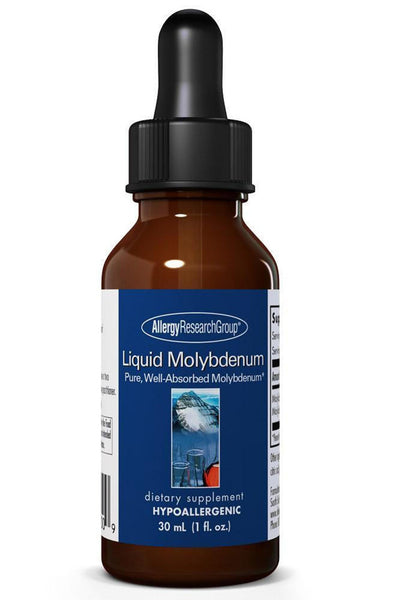 A supplement container of Liquid Molybdenum by Allergy Research Group