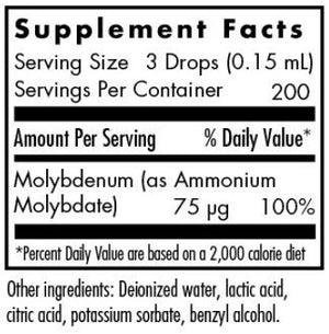 Supplement facts for Liquid Molybdenum listing ingredients including Molybdenum