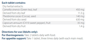 Ingredients including Camellia sinensis, Green tea, Theobroma cacao, Cocoa, Capsicum annuum, CH19 Sweet Pepper.