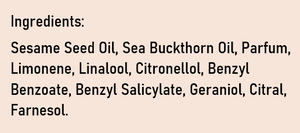 Supplement facts for Revitalising Body Oil - Sea Buckthorn listing ingredients including Limonene, Linalool, Sea buckthorn (Hippophae rhamnoides)