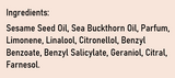 Supplement facts for Revitalising Body Oil - Sea Buckthorn listing ingredients including Limonene, Linalool, Sea buckthorn (Hippophae rhamnoides)