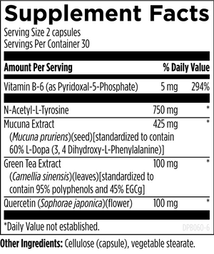 Ingredients list,
Vitamin B-6 (as Pyridoxal-5-phosphate), N-Acetyl-L-Tyrosine, Mucuna Extract, Mucna Prurens, Green Tea Extract, Cameillia Sinensis, Quercetin, Sophorae Japonia, Cellulose (capsule), Vegetable Stearate