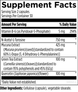 Ingredients list,
Vitamin B-6 (as Pyridoxal-5-phosphate), N-Acetyl-L-Tyrosine, Mucuna Extract, Mucna Prurens, Green Tea Extract, Cameillia Sinensis, Quercetin, Sophorae Japonia, Cellulose (capsule), Vegetable Stearate