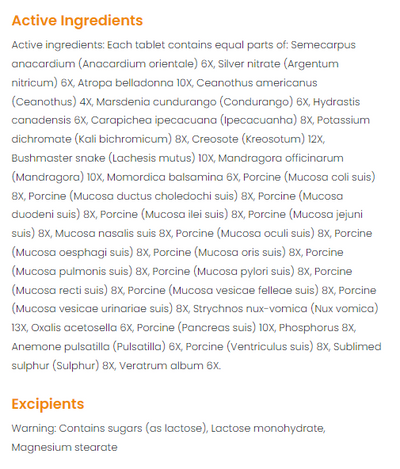 Supplement facts for Mucosa Compositum