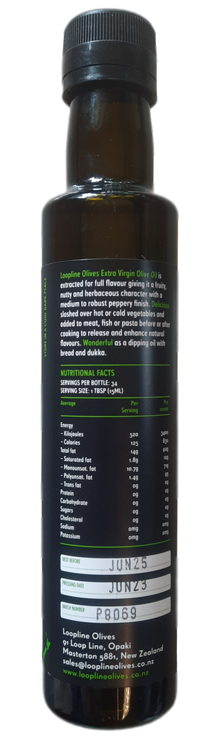 Supplement facts for Extra Virgin Olive Oil (Certified) Global Awards - Picual 250ml listing ingredients including Olive Extract