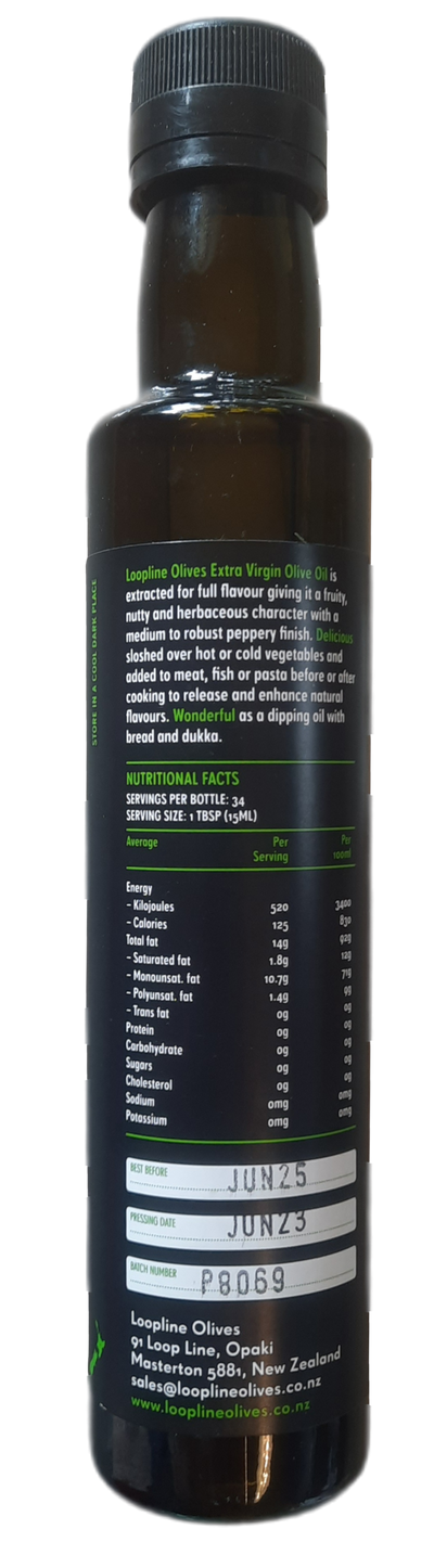 Supplement facts for Extra Virgin Olive Oil (Certified) Global Awards - Picual 250ml listing ingredients including Olive Extract