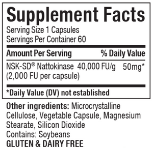 Supplement facts for Nattokinase listing ingredients including Alpha Lipoic Acid, Cellulose (vegetarian capsule), Magnesium stearate, Microcrystalline cellulose silicified, Nattokinase