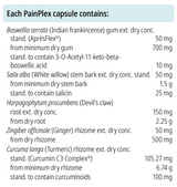 Supplement facts for PainPlex listing ingredients including Boswellia Serrata, Boswellic Acid, Curcuma Longa, Curcumin, Curcuminoid Powder