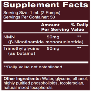Ingredients: NMN 50mg, Trimethylglycine 50mg, and other ingredients including water, glycerin, ethanol, phospholipids, tocopherols, and tocophergerols.