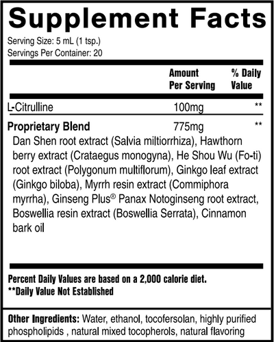 Ingredients including L-citrulline, Dan Shen root, Salvia miltiorrhiza, Hawthorn berry, Crataegus monogyna, He Shou Wu, Fo-ti, Polygonum mutiflorum, Ginkgo leaf, Ginkgo biloba, Myrrh resin, Commiphora myrrha, Ginseng Plus, Panax Notoginseng, Boswellia resin extract, Boswellia Serrata, Cinnamon bark oil.