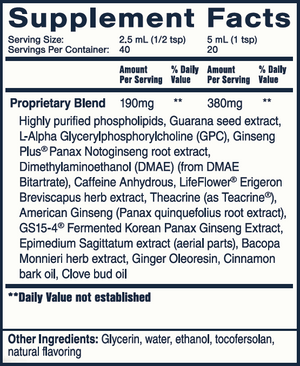 Supplement facts for NanoFuel™ listing ingredients including American Ginseng, Brahmi, Caffeine, Cinnamon, Clove Bud Oil