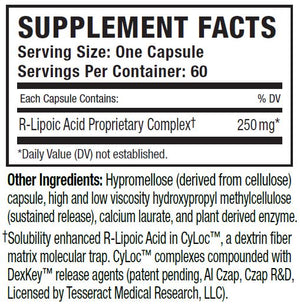 Supplement facts for RLA Pro SR™ listing ingredients including Alpha-lipoic acid R-form