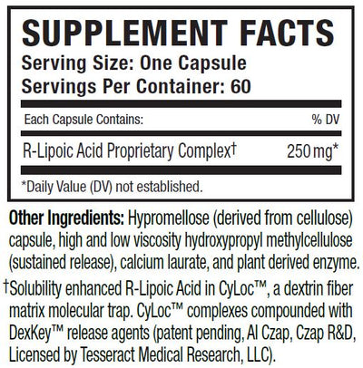 Supplement facts for RLA Pro SR™ listing ingredients including Alpha-lipoic acid R-form
