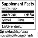 Text describing the Ingredients: Myo-Inositol 900mg. Cellulose Capsule, microcrystalline cellulose, vegetable sterate 
